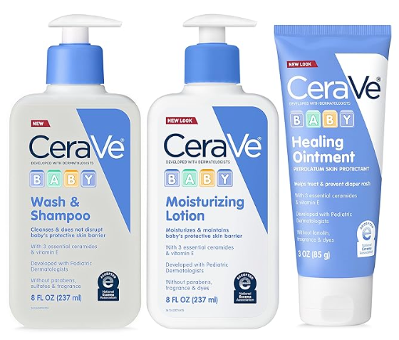 Juego de baño para bebé CeraVe | Jabón y champú para bebés de 8 oz + Loción hidratante para bebés de 8 oz + Ungüento curativo para bebés de 3 oz 39A