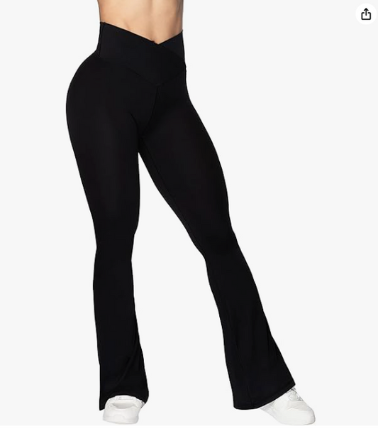 Pantalones de yoga cruzados para mujer con control de barriga, cintura alta y pierna ancha, color negro 1A