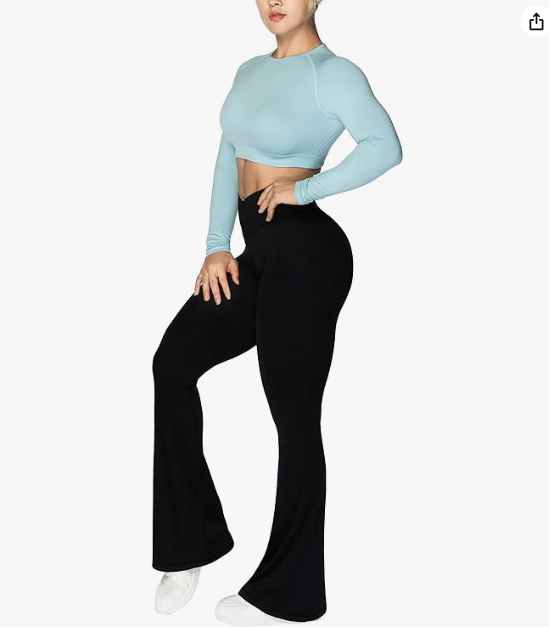 Pantalones de yoga cruzados para mujer con control de barriga, cintura alta y pierna ancha, color negro 1A