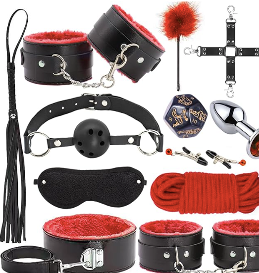 Kit de restricciones BDSM - Juegos de 12 piezas mejorados con esposas ajustables, collar, puño de tobillo, venda para los ojos, cosquillas de plumas, tapón anal, juegos para adultos, juguetes sexuales para hombres, mujeres, parejas, rojo 30A