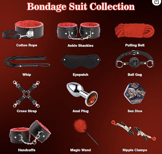 Kit de restricciones BDSM - Juegos de 12 piezas mejorados con esposas ajustables, collar, puño de tobillo, venda para los ojos, cosquillas de plumas, tapón anal, juegos para adultos, juguetes sexuales para hombres, mujeres, parejas, rojo 30A