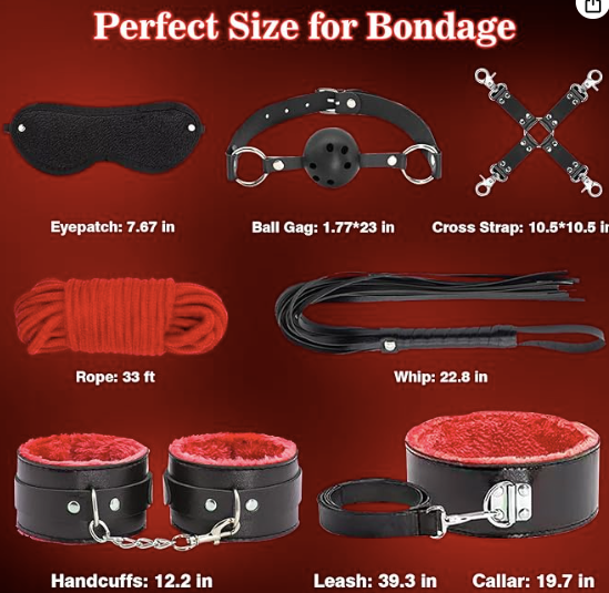 Kit de restricciones BDSM - Juegos de 12 piezas mejorados con esposas ajustables, collar, puño de tobillo, venda para los ojos, cosquillas de plumas, tapón anal, juegos para adultos, juguetes sexuales para hombres, mujeres, parejas, rojo 30A