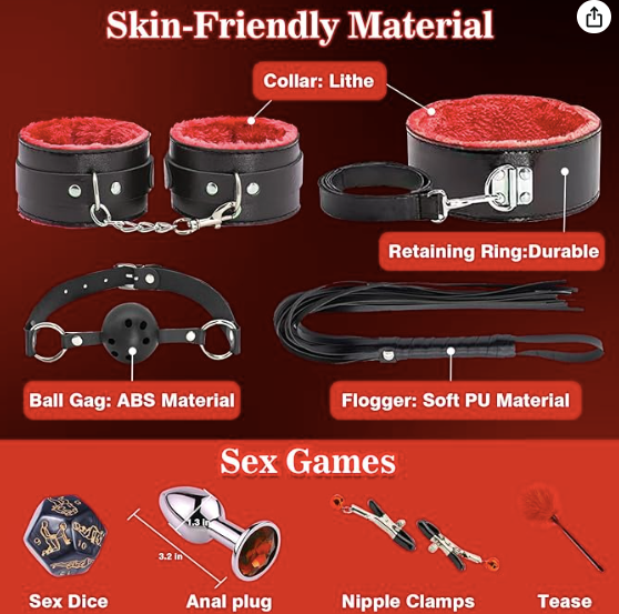 Kit de restricciones BDSM - Juegos de 12 piezas mejorados con esposas ajustables, collar, puño de tobillo, venda para los ojos, cosquillas de plumas, tapón anal, juegos para adultos, juguetes sexuales para hombres, mujeres, parejas, rojo 30A