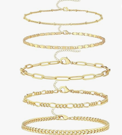 Juego de pulseras de cadena de oro para mujer, pulseras de cadena de eslabones chapadas en oro plateado para mujer, pulseras apilables de oro de moda para regalos de joyería, mujeres ajustables de 7 "+ 2" 33A