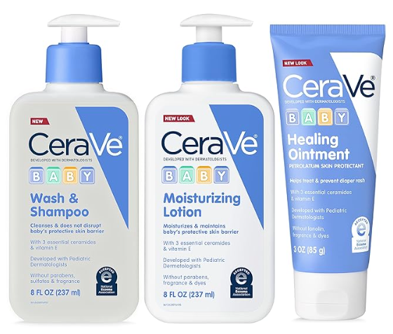 Juego de baño para bebé CeraVe | Jabón y champú para bebés de 8 oz + Loción hidratante para bebés de 8 oz + Ungüento curativo para bebés de 3 oz  39A