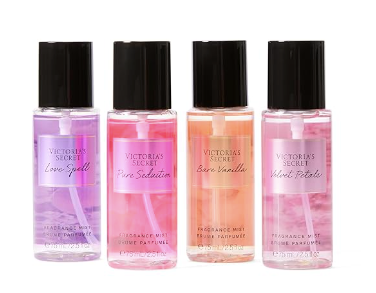 Set de regalo de mini niebla de 4 piezas de Victoria's Secret Fragrance Mist Collection: hechizo de amor, seducción pura, vainilla desnuda y pétalos de terciopelo 54A