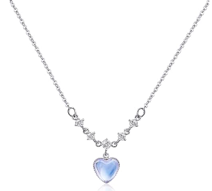 Collar de piedra lunar de plata con colgante de corazón y circonita cúbica para mujer, collares hechos a mano, joyería de piedra lunar para el día de San Valentín 65A