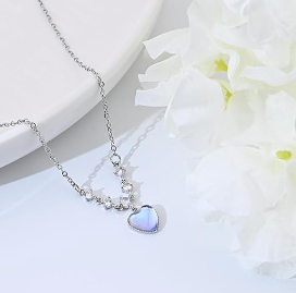 Collar de piedra lunar de plata con colgante de corazón y circonita cúbica para mujer, collares hechos a mano, joyería de piedra lunar para el día de San Valentín 65A